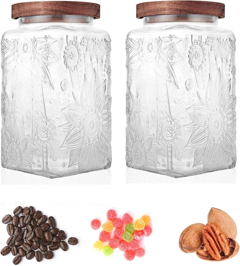 Custde Glass Storage Jars With Airtight Lid, 35oz Container For Kitchen Counter with Wood Lid, brown sugar, candy, coffee, cookie, salt, tea, cute Jar (Large Square Sunflower) - Image 2